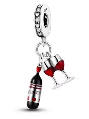 S925 Sterling Silver Wine Bottle Glasses Dangle Charm Bead Fit Bracelet Necklace
